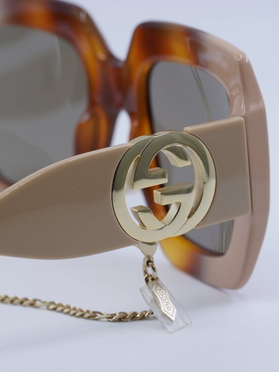 Gucci GG1022S 003 Square Sunglasses -Havana Gradient Ivory/Brown with Gold Chain